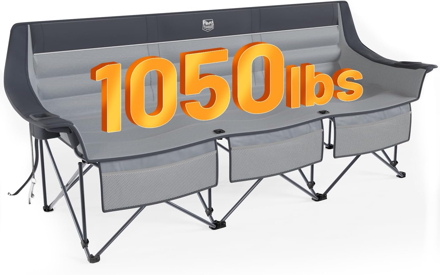 Timber Ridge Padded 3 Person Camping Chair Supports to 1050lbs, Portable Camp Couch Double Camping Chairs, Outdoor Oversized Folding Loveseat Perfect for Campsites, Patio/Lawn, Soccer Games, Grey