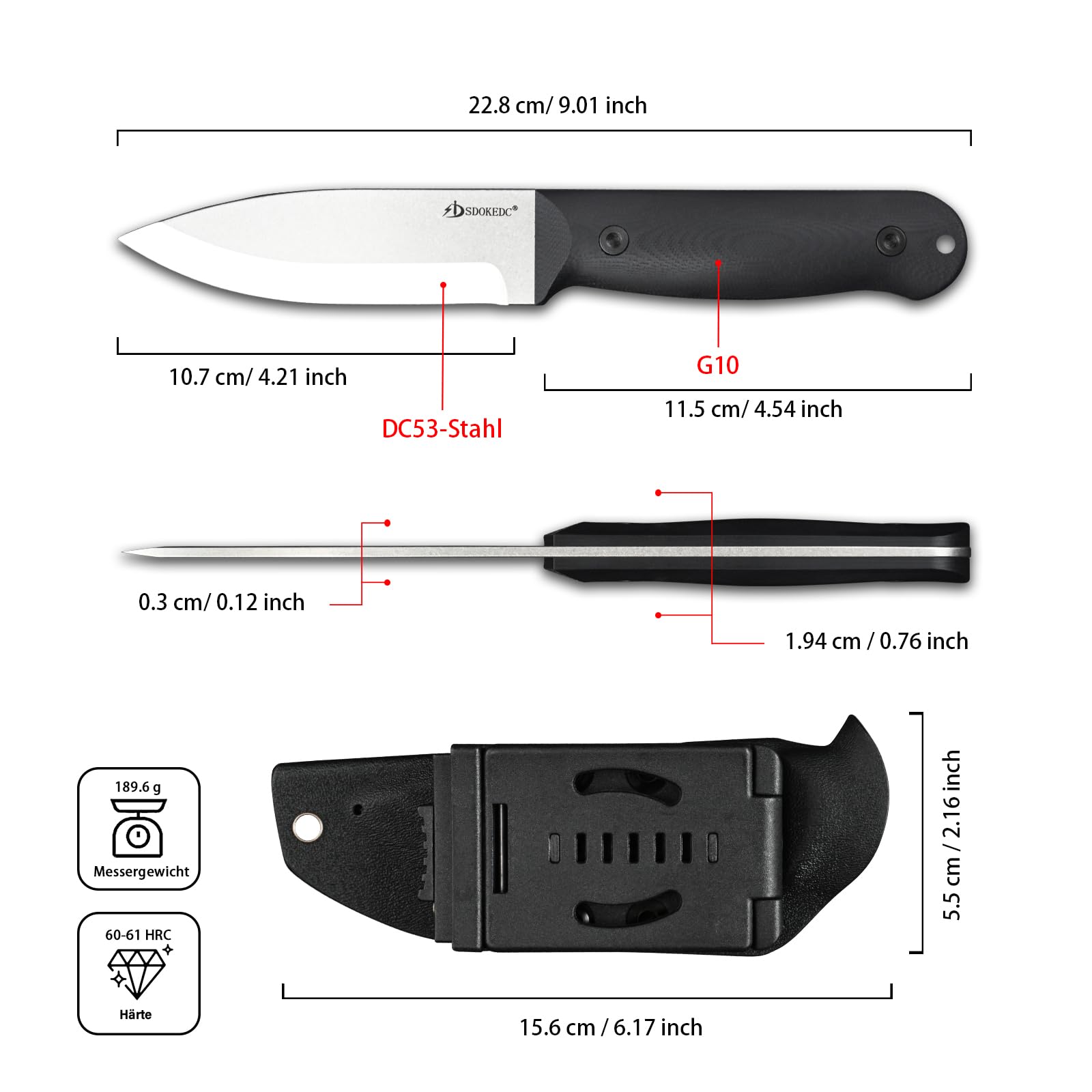 Jagdmesser mit Feststehender Klinge – Outdoor Messer für Männer, EDC, Camping, Angeln & Bushcraft, DC53 Stahl Micarta Griff (Weiß/schwarz G10)