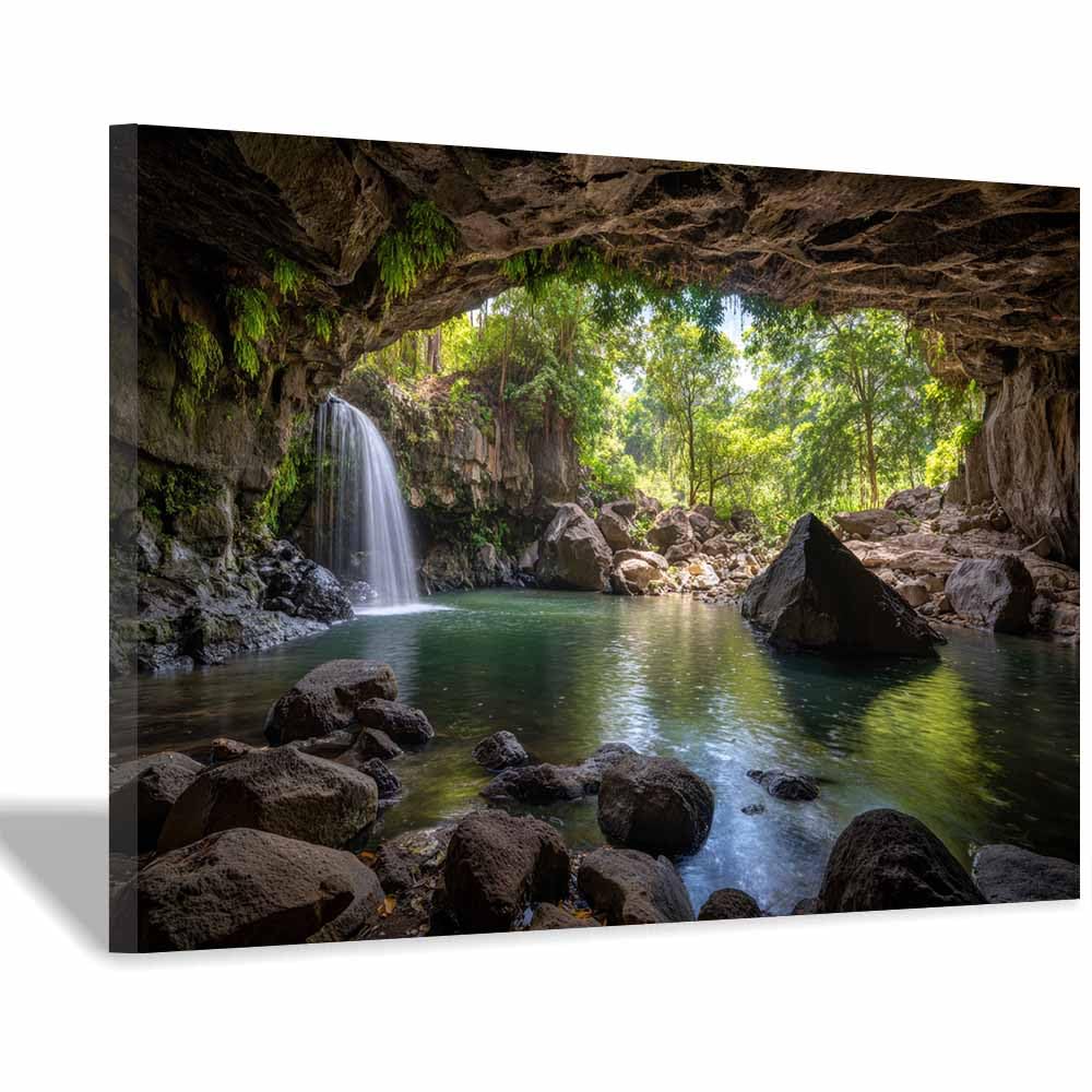 HOQIU Landscape wall art Tropical Cave Waterfall canvas art, art print, house decor, bedroom wall decor above bed, prints for living room.(Multicolor)-60x80cm Framed