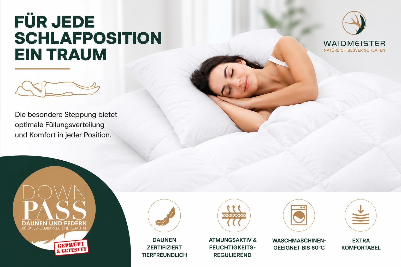 DILUMA Bettenset 4-teilig Comfort - 2X Bettdecke 135x200 cm 1000g Füllung 90% Federn 10% Daunen - 2X Kopfkissen 80x80 cm 100% Federn - Bettdeckenset mit ÖkoTex 100