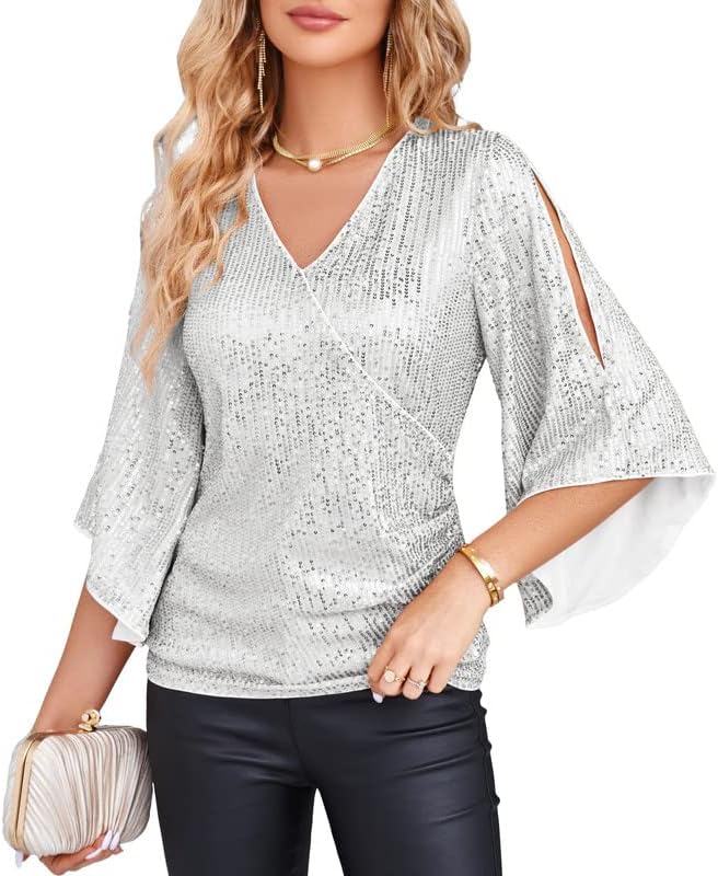 GRACE KARIN Womens Sparkly Sequin Tops,3/4 Sleeve Glitter Party Dressy Blouse,V-Neck Disco Evening Club Concert Shirt