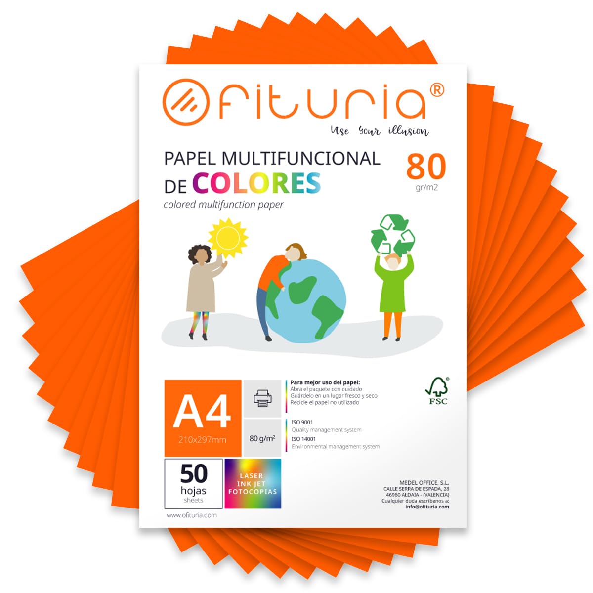 Coloured Sheets, Pack 50 Sheets A4 80 g – Coloured Paper for Crafts, Printer, Scrapbooking – Folios Colours – Ideal Origami, Papiroflexy, Office and School (Fluorescent Orange, 50h)