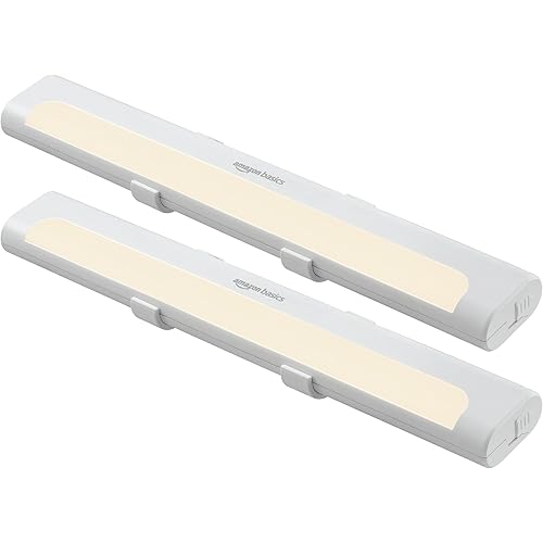 Amazon Basics LED Stick On Lights, Battery Operated, Wireless, 65 Lumens, Portable Light, Under Cabinet Lighting, Closet, Kitchen, 2 Pack, White