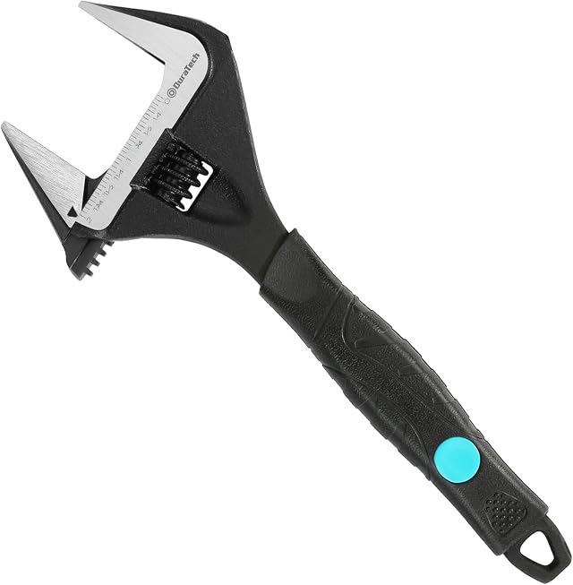 DURATECH 10-Inch/250 mm Adjustable Spanner with Wide Jaw, Cr-V, SAE&Metric | Plumbing Basin Wrench, Large Opening, Black Oxide Finish, Cr-V Steel, SAE & Metric Scale, Anti-slip Ergonomic Grip