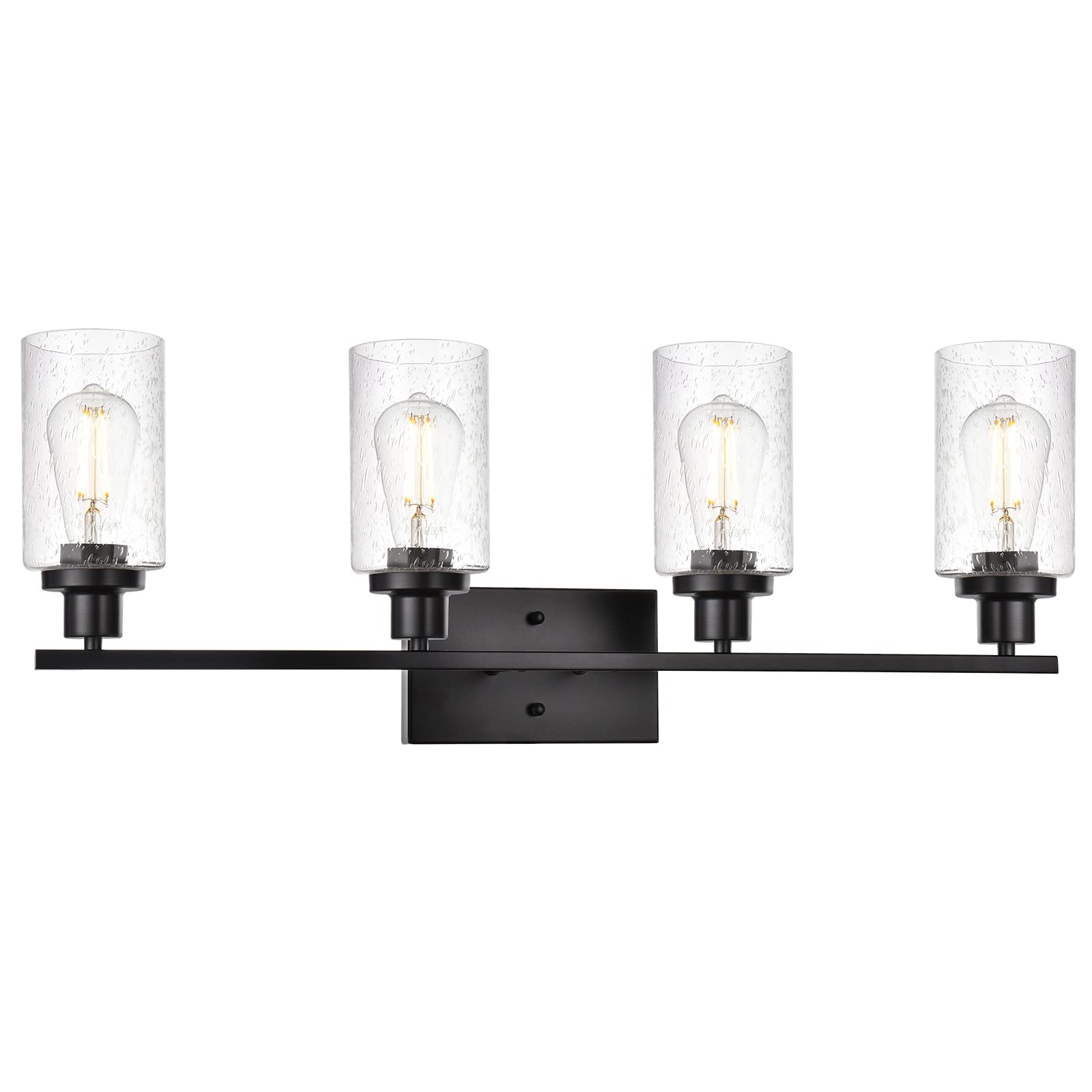 WINSHEN Black 4-Light Bathroom Light Fixtures with Seeded Glass Shade, 31-Inches Length Farmhouse Vanity Lights Over Mirror for Cabinet Kitchen Bedroom