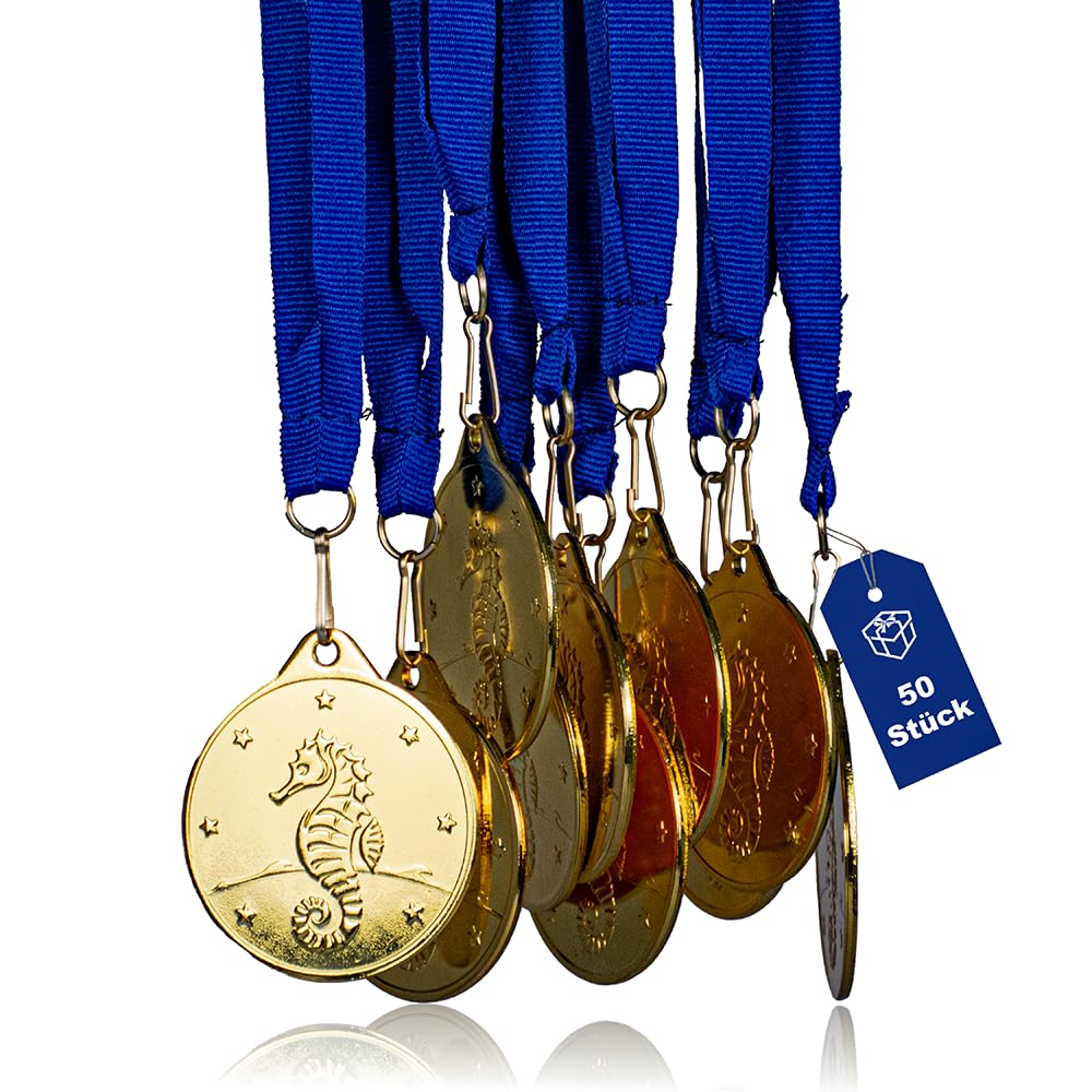 Pokal-Fabrik - Seepferdchen-Medaillen 10er Set Metall - Seepferdchenmedaille golden zum Umhängen für Siegerehrungen - Schwimmabzeichen Gold - Medaillen Kinder mit blauem Band für Vereine & Turniere