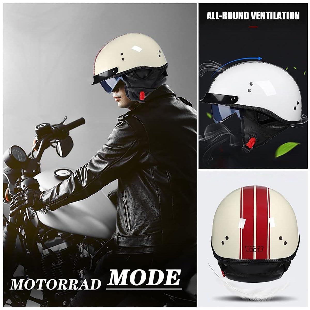 EBAYIN Casque Bol Homologué Casque Moto Vintage Casque Jet Retro Homme Femme Casque De Scooter Casque De Cyclomoteur Visière Intégrée Homologué ECE(E,L=(59~60cm))