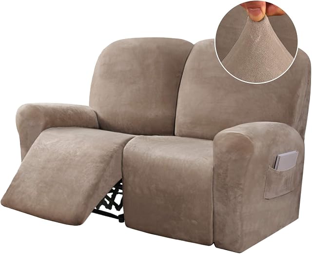 BellaHills 6-Pieces Recliner 2 Seater Covers Velvet Stretch Reclining Couch Covers for 2 Cushion Sofa Slipcovers Furniture Covers Form Fit Customized Style Thick Soft Washable, Taupe