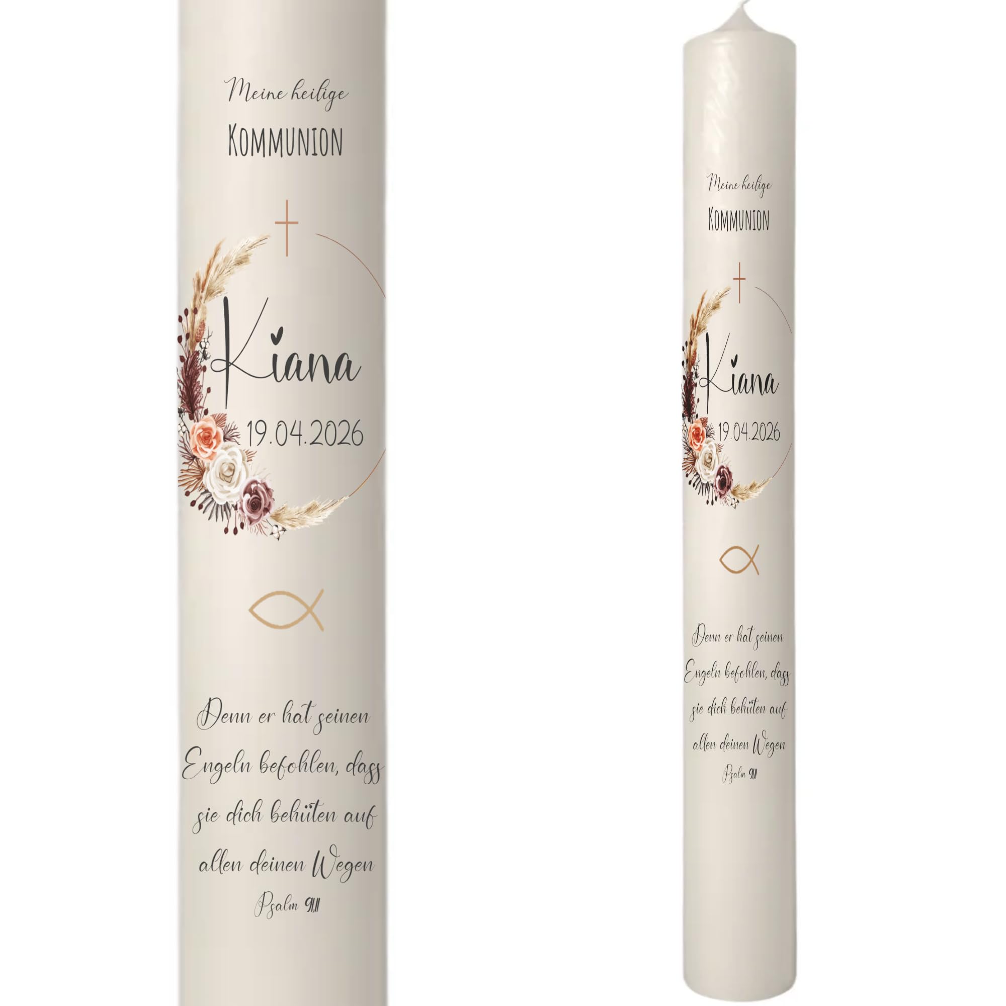 Taufkerze Kommunionkerze Blumenkranz Boho "Kiana"- Blätter Pastell Blumenkranz Natur für Mädchen | Konfirmationkerze | personalisiert mit Name, Datum & Spruch