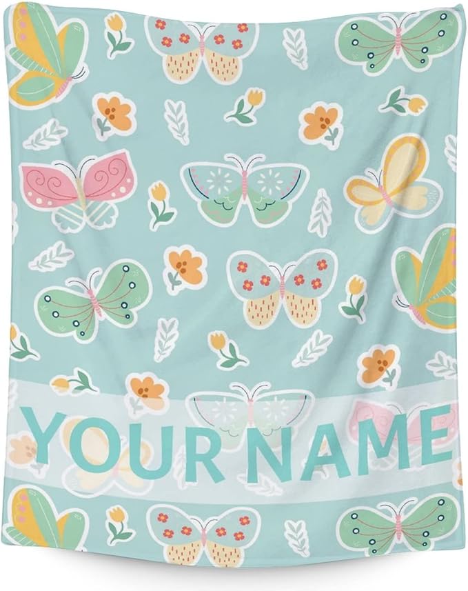 Personalized Butterfly Blanket Gifts with Name - 40"x50" Cute Throw for Women, Girls - Green Soft Fuzzy Blankets for Couch & Sofa