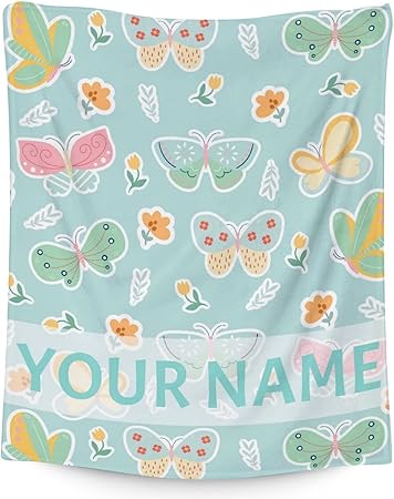 Personalized Butterfly Blanket Gifts with Name - 40"x50" Cute Throw for Women, Girls - Green Soft Fuzzy Blankets for Couch & Sofa