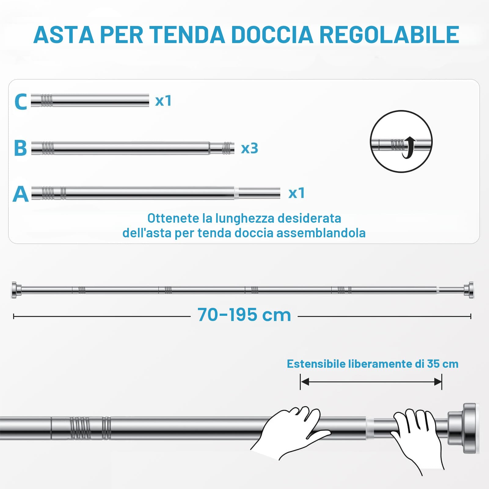 Asta per tenda da doccia senza fori in acciaio inox, asta telescopica allungabile, antiruggine e antiscivolo, asta regolabile da 70 a 195 cm, ideale per bagno, finestra, guardaroba