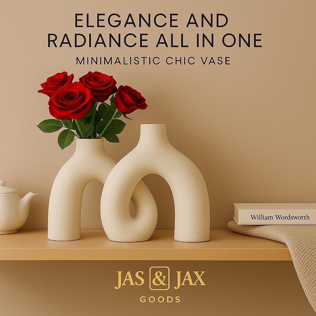 Cream White Decorative Vase Set - Modern Hug Donut Ceramic Vases by JAS & JAX GOODS, Minimalist Boho Style Centerpiece for Console Table, Living Room, Bookshelf, or Fireplace Mantel
