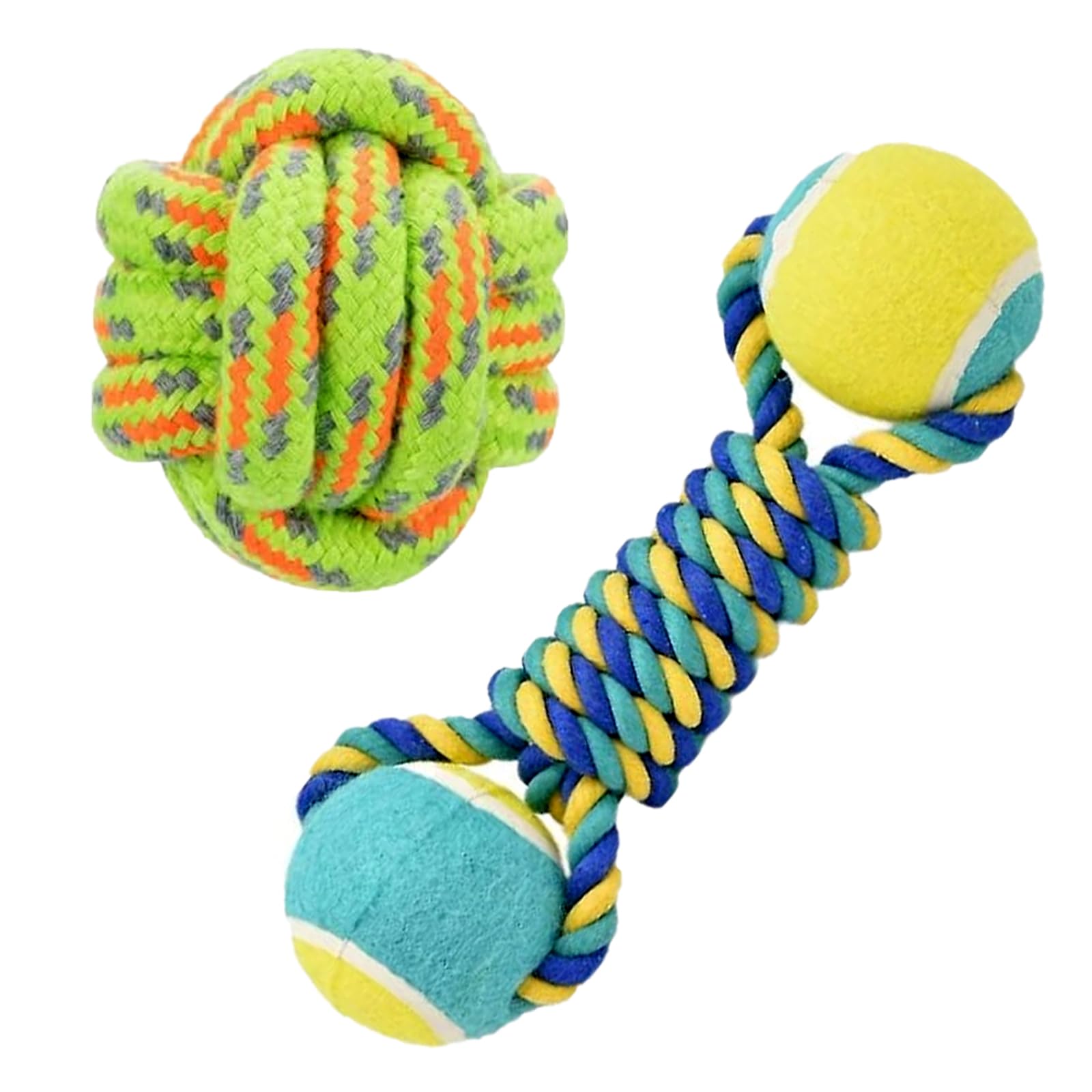 emily pets Dog Chew Cotton Rope Toys 2in1 Combo for Dogs & Puppies Cotton Ball Dual-Tennis Knotted Cotton Chewing Dog Toy for Playing, Teeth Cleaning & Training (Color As Vary, Pack 2)