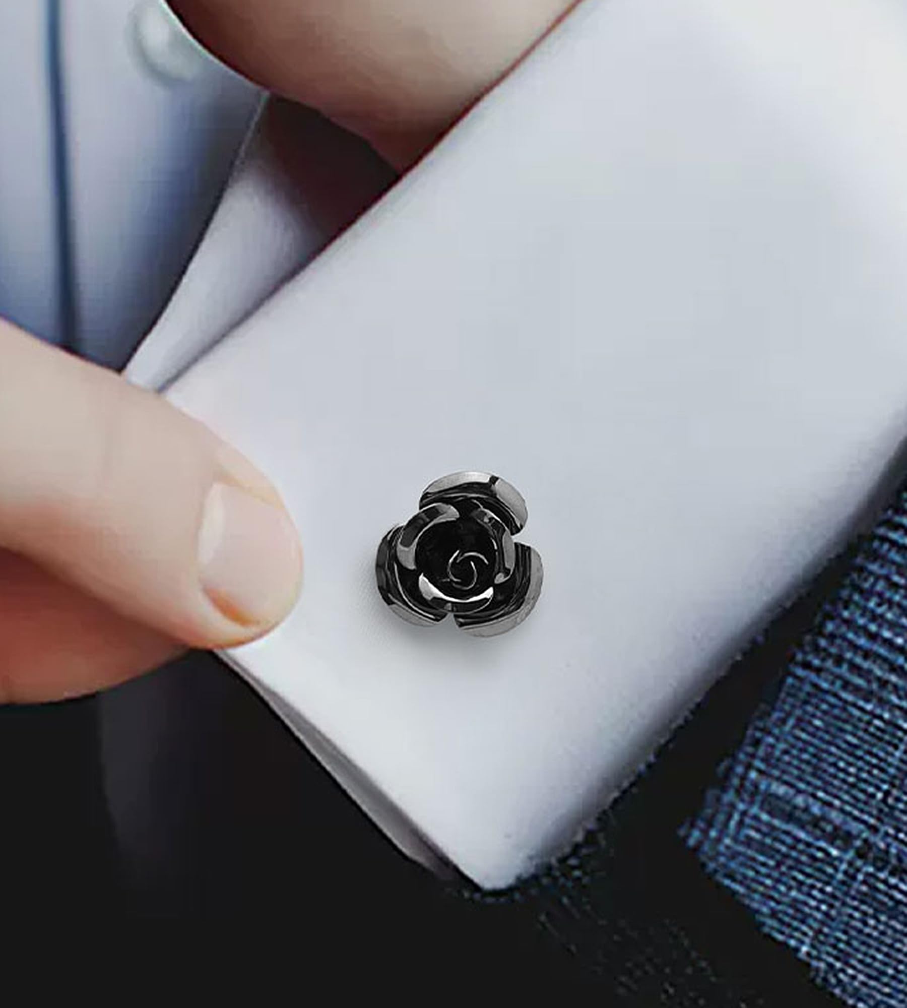 Jonwo Rose Flower Cufflinks and Tie Pin Set Regular Necktie Tie Clip Tie Bar Men Cufflinks for Wedding Business Shirt Tie (Gunmetal Cufflinks Tie Pin Set)