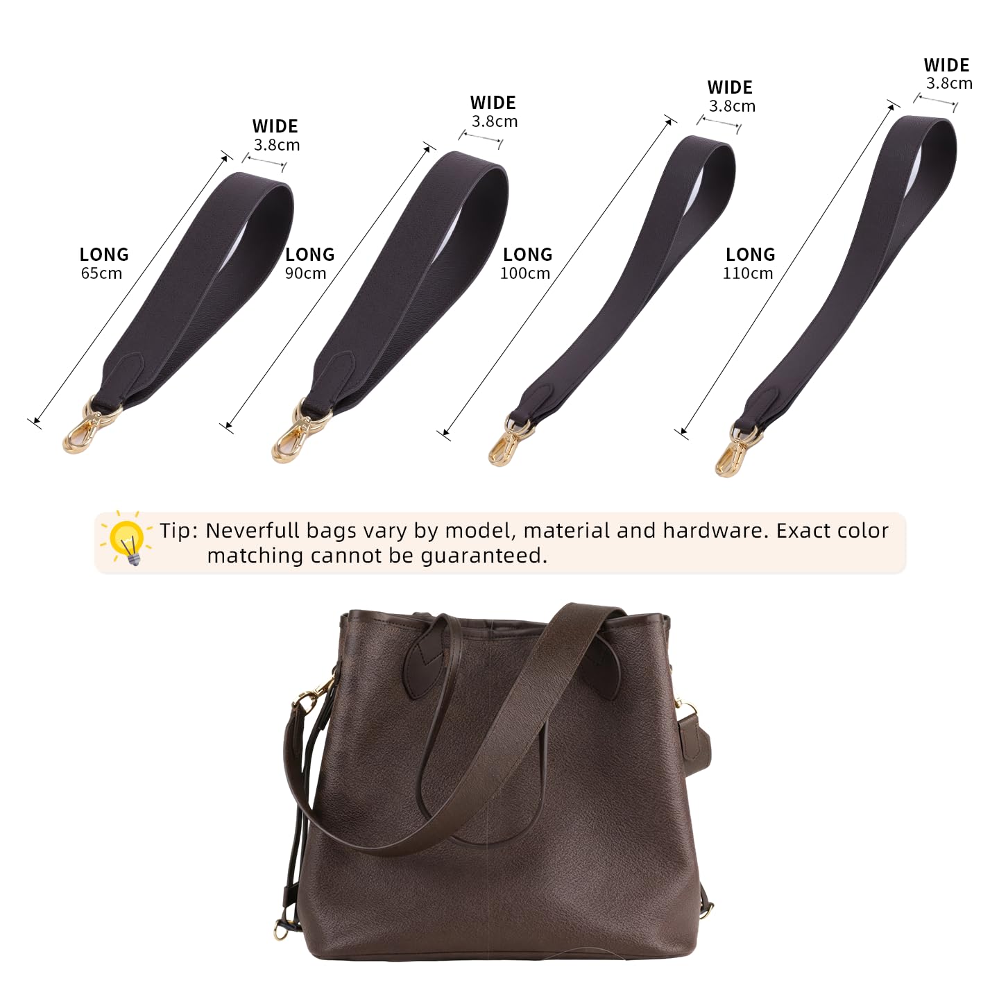 DGAZ Vachetta Leather Shoulder Strap, Replacement Bag Strap for Neverfull with O-Rings and Gift Box, Handmade Leather Shoulder Strap, 4cm Wide (Glossy Brown, Length 90cm