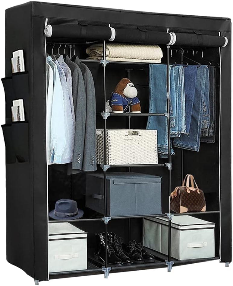 Kleiderschrank Stoff, Offener Schrank mit Kleiderstange und Ablagen, Kleiderschränke aus Canvas