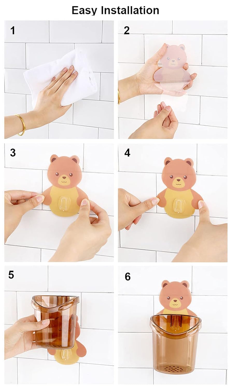 Toothbrush Holder (Set of 2 Pcs) Plastic Stand for Toothpaste, Comb, Brush, Cream, Lotion Kids Bathroom Cup Drain Waterproof Self-Adhesive, Teddy Bear 3
