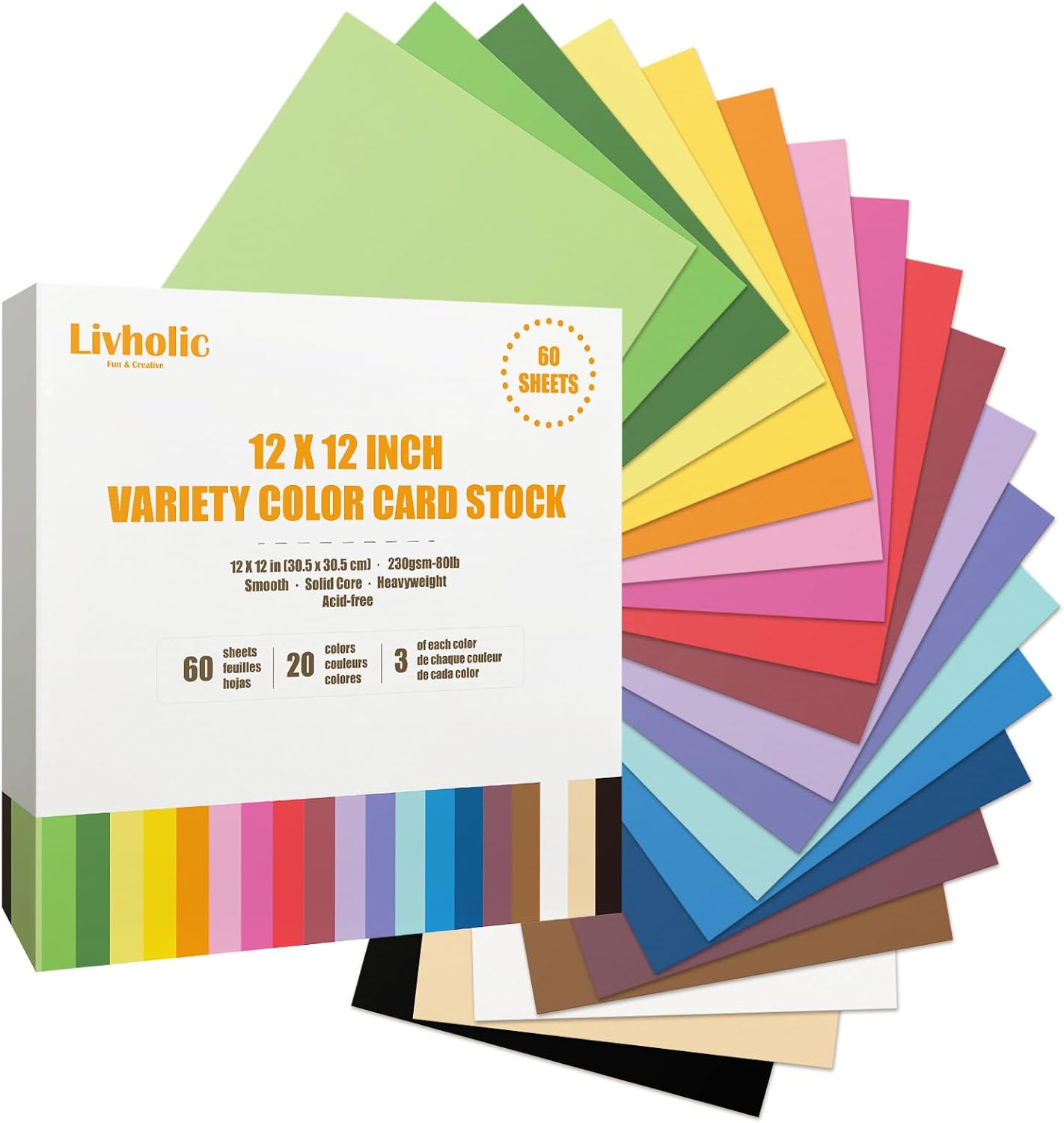 Livholic 60 Sheets Colored Card Stock Paper 250 gsm 80lb 12 x 12 20 Assorted Color Cardstock Colorful Paper for Cricut Card Making Paper Crafting