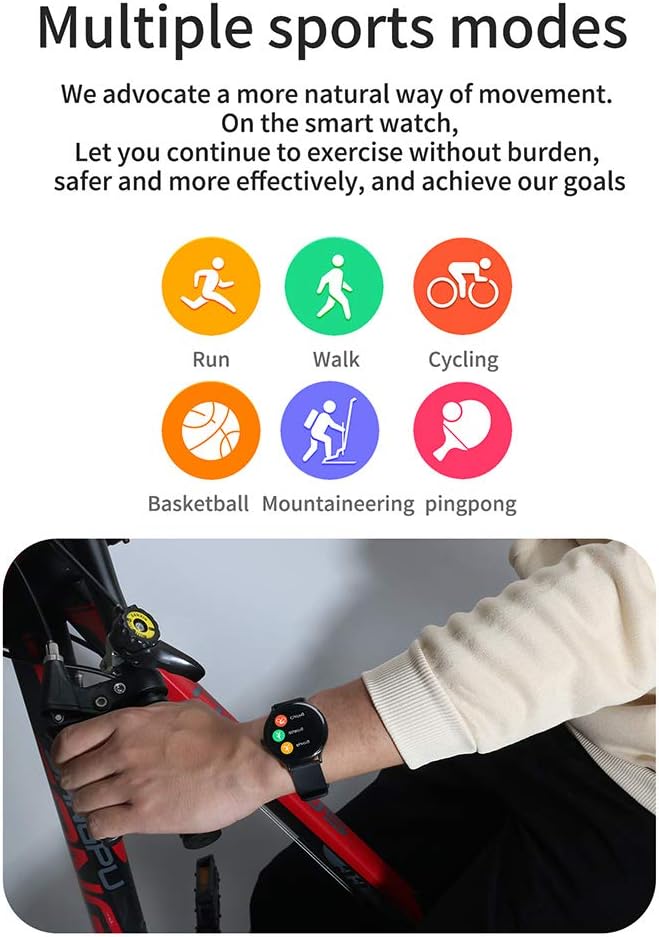 QW13 Smart Watch showing icons for multiple sports modes including run, walk, cycling, basketball, mountaineering, and pingpong