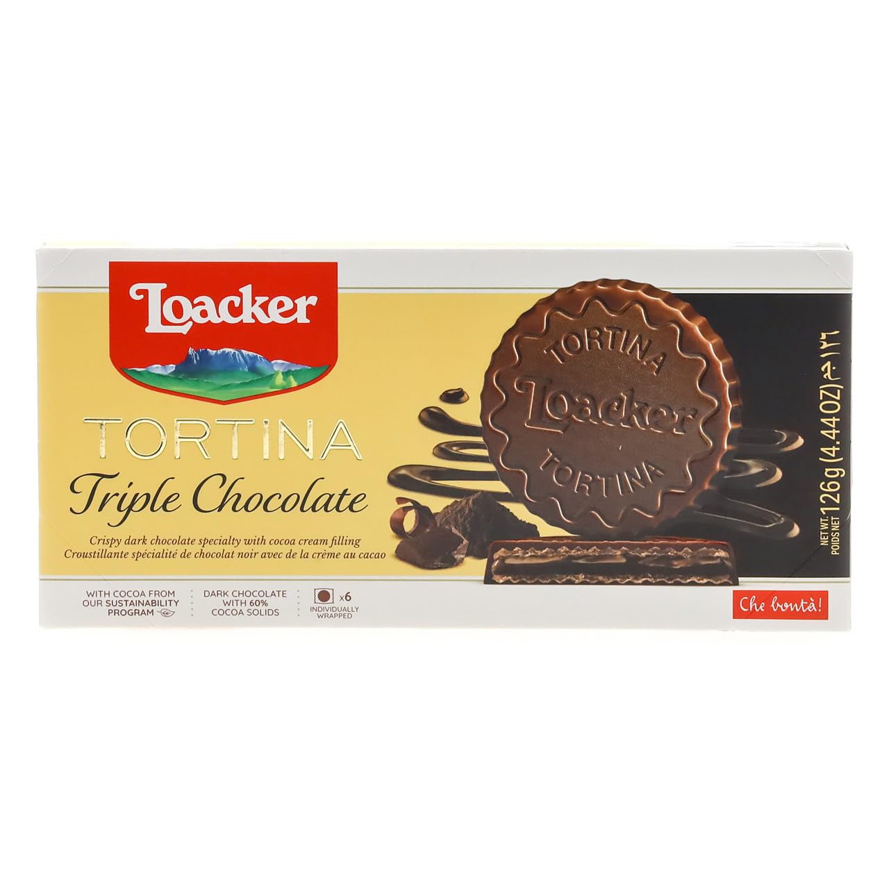 Loacker Tortina Triple Chocolate - Individually Wrapped Premium Dark Chocolate Enrobed Crispy Cocoa Wafer Tartlets with Cocoa Cream Filling - Pack of 12