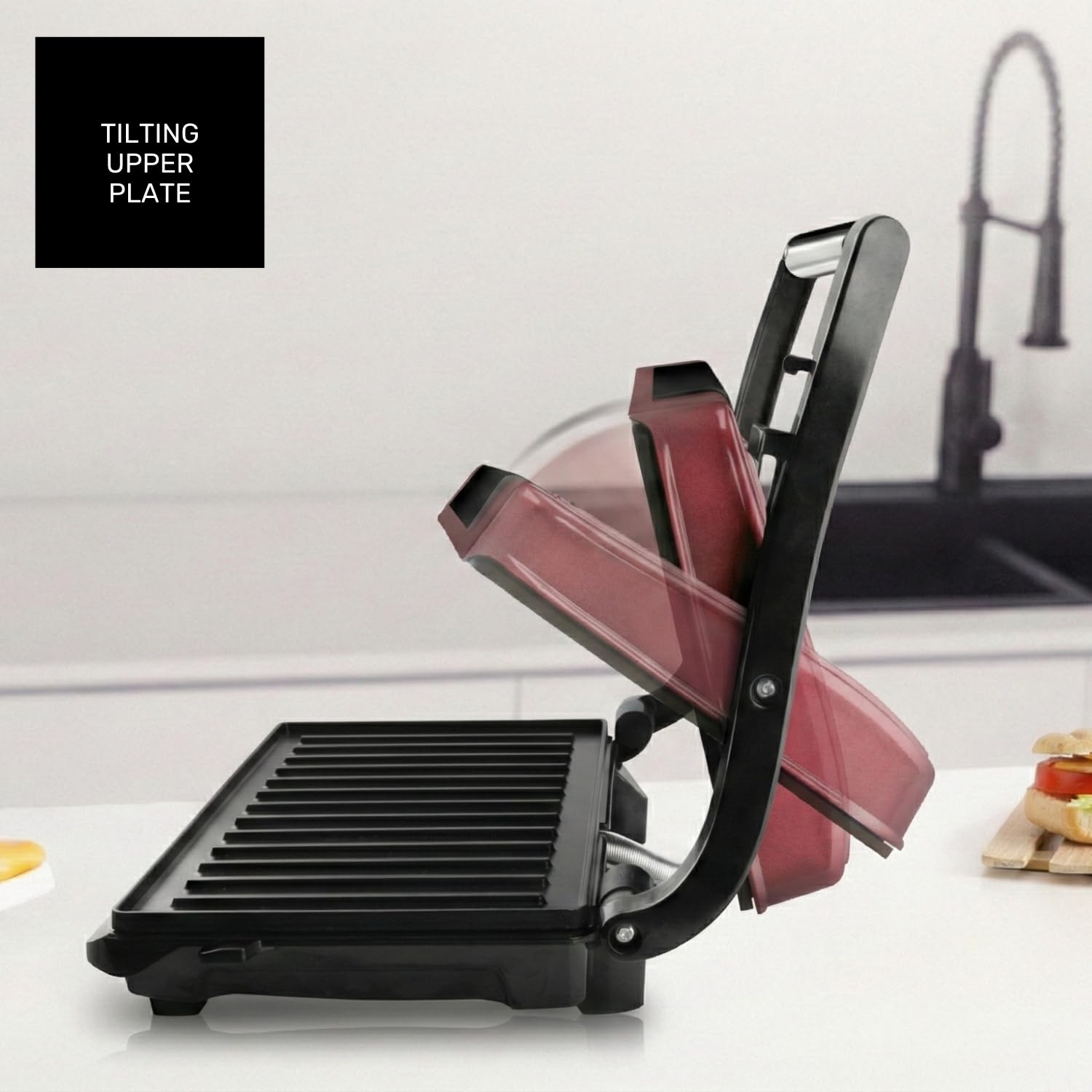 Taurus - Sandwichera eléctrica Toast & Co 700W, Placas grill antiadherentes, Placa superior auto ajustable, Asa cool touch, Sistema de bloqueo, Almacenaje vertical, Burdeos