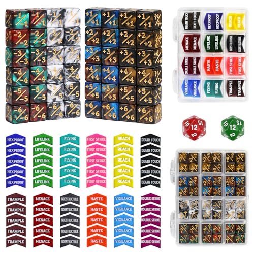 FourDragons 110 Pieces MTG Keyword Tokens 12mm Counters Dice for Magic The Gatering, MTG Abilities Keyword Buff Tokens D6 D20 Life Counter Dice for TCG CCG Magic Card Games Accessories