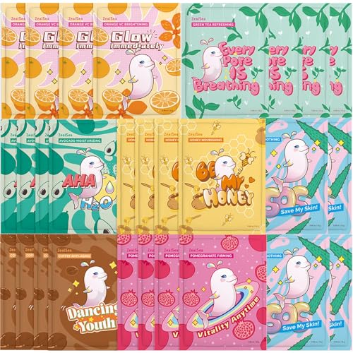 ZealSea Sheet Mask Face Mask Skin Care (Pack of 28) Beauty Facial Mask Kids Spa Face Mask Birthday Party Gifts Women, kids Girls Skincare - Hydrate, Brighten, Moisturize,Soothe for All Skin Types