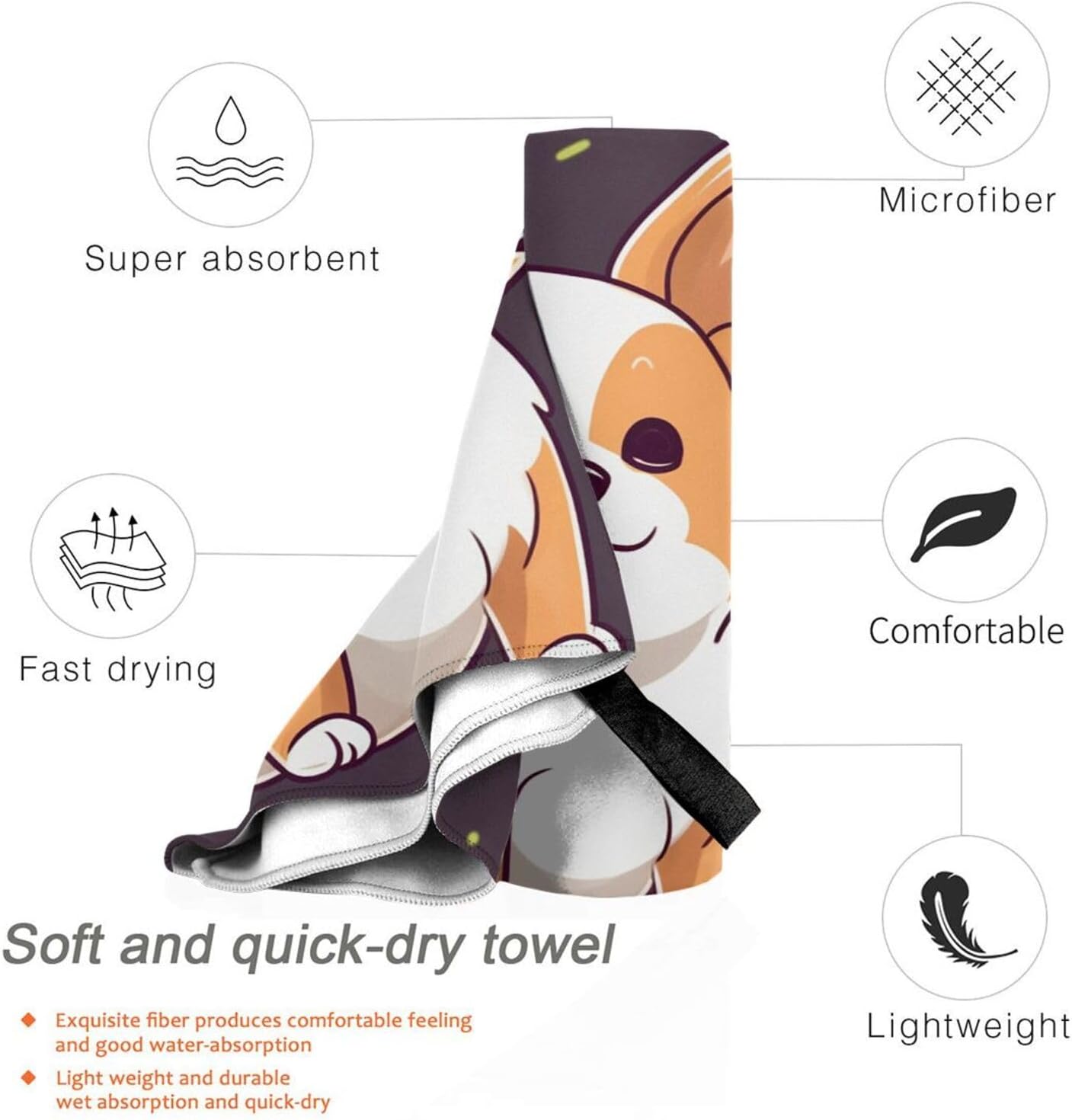 KHiry Microfiber Towel Beach Towels Cute Corgi Quick Dry Towel Soft Lightweight Travel Towels Absorbent Large Easy Pack Travel Things Beach Blanket for Gym Sports Swimming