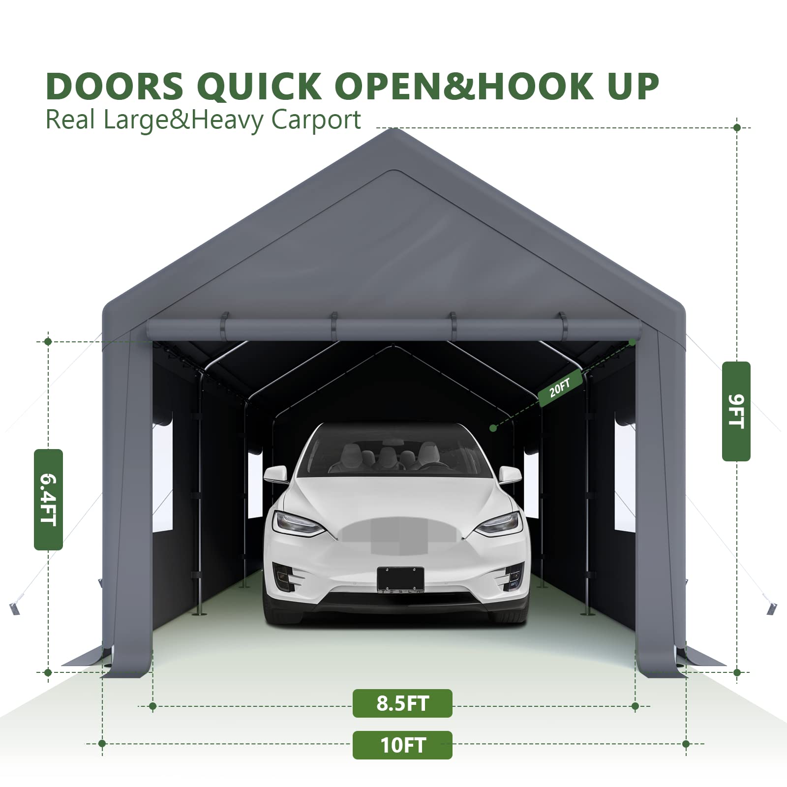 Cecarol C01 10x20FT Heavy Duty Carport, 200G Heat-Sealing All Weather Tarp, 40MPH Windproof, w/Side Tarps for Sandbag Mounting, Roll-up Mesh Windows, Detachable Side Walls&Doors (Grey)