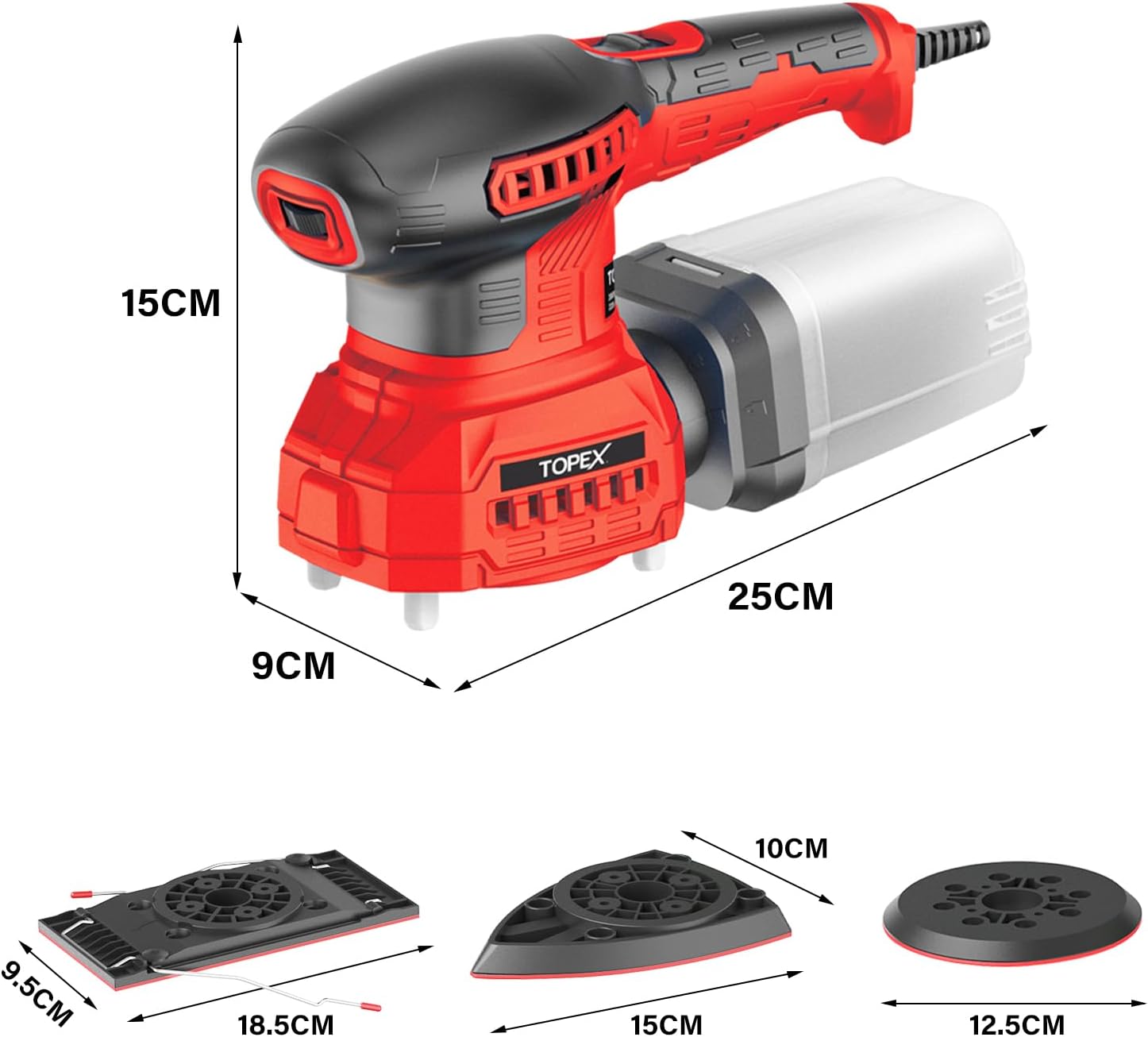TOPEX 200W Multi-Function Electric Detail Sander with Variable Speed Control & 3 Sanding Pads