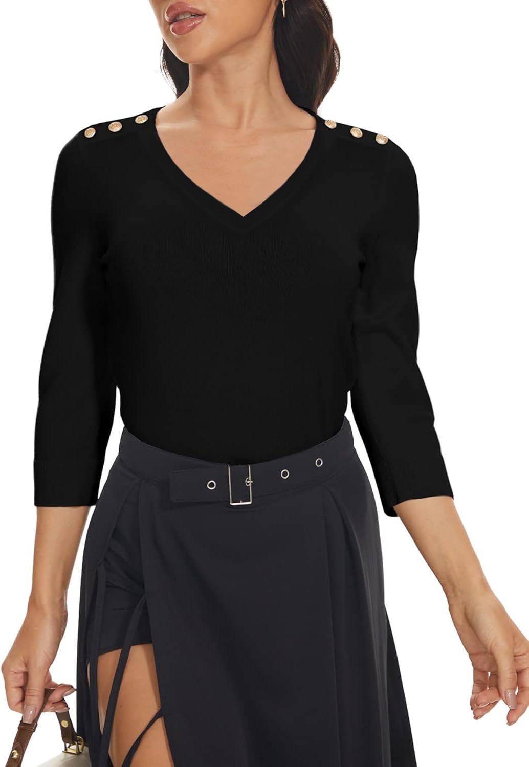 Spicy Sandia Women's 3/4 Sleeve V Neck Pullover Sweaters Lightweight Dressy Casual Trendy Knit Top Shirt - Image 4