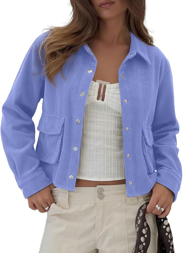 Beaully Womens Corduroy Cropped Shacket Jacket Short Button Down Long Sleeve 2026 Spring Outwear Tops