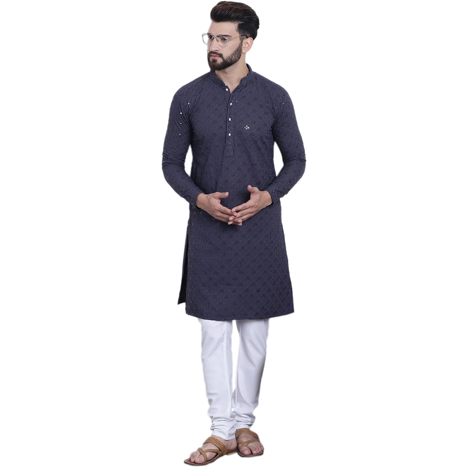Sojanya (Since 1958 Men's Pure Cotton Grey Sequence Kurta And White Pyjama Set