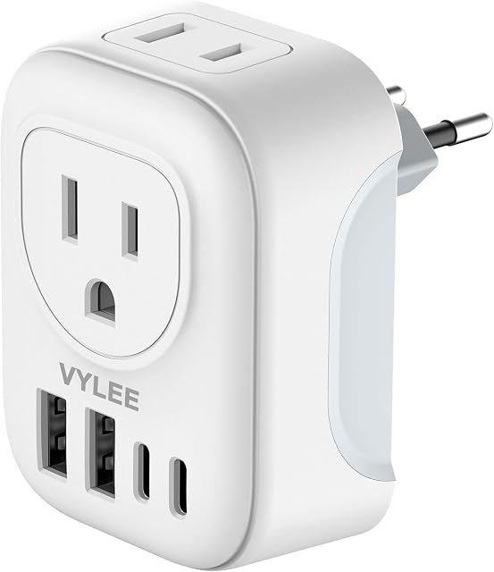 VYLEE Travel Plug Adapter, International Plug Adapter with 4 AC Outlets 2 USB Ports (2 USB C Port), Type C Power Adaptor Charger for the US to Most of Europe Iceland Spain Italy France Germany