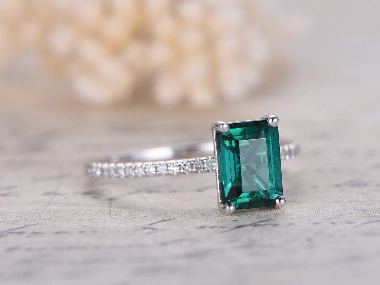 6x8mm Emerald Cut Lab Created Green Emerald Solitaire Engagement Ring Solid 14k