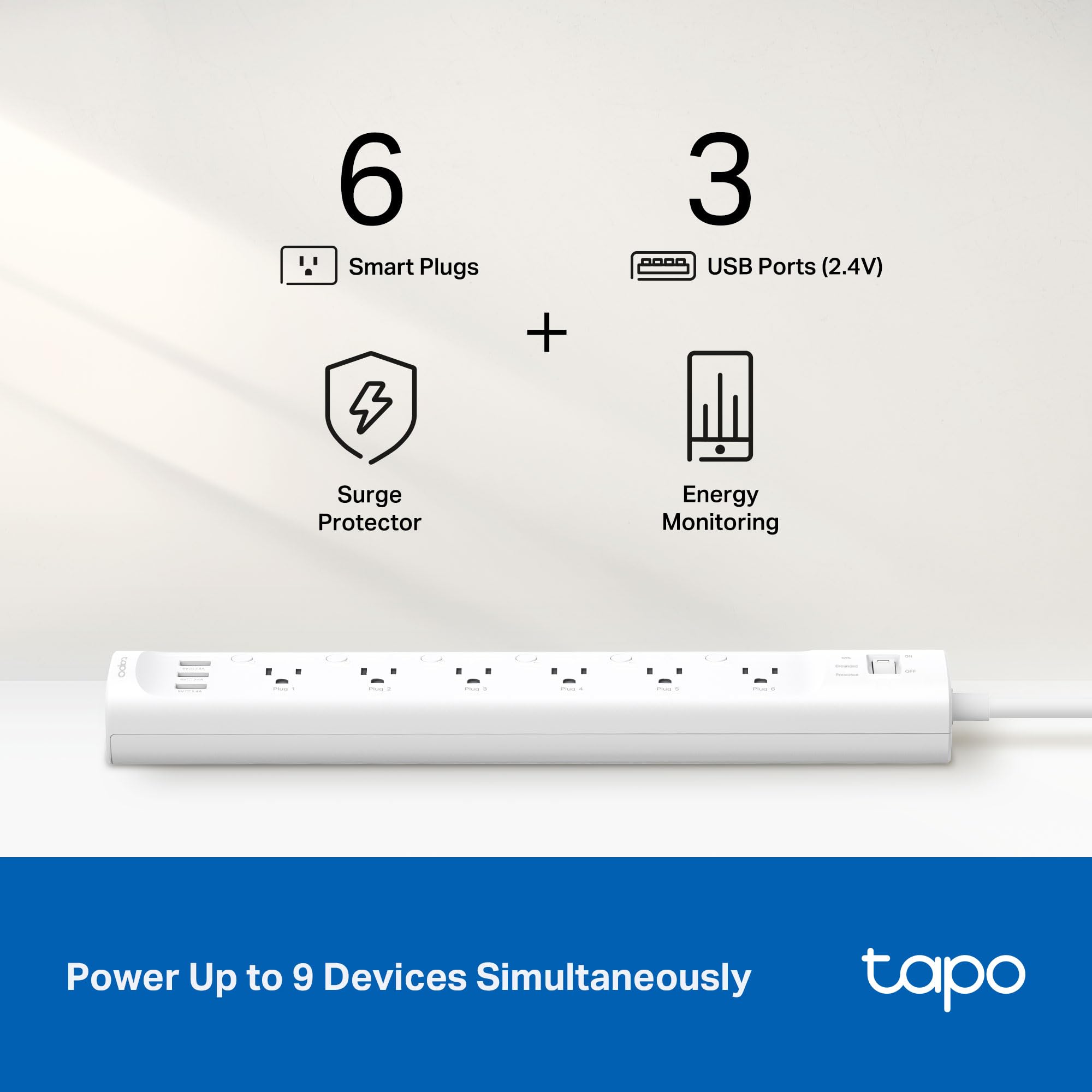 Tapo Smart Wi-Fi Power Strip- 6 Individually Controlled Smart Outlets and 3 USB Ports with Surge Protection, Matter, Works w/Alexa, Google Home, Siri, & Bixby, No Hub Needed, Tapo P316M