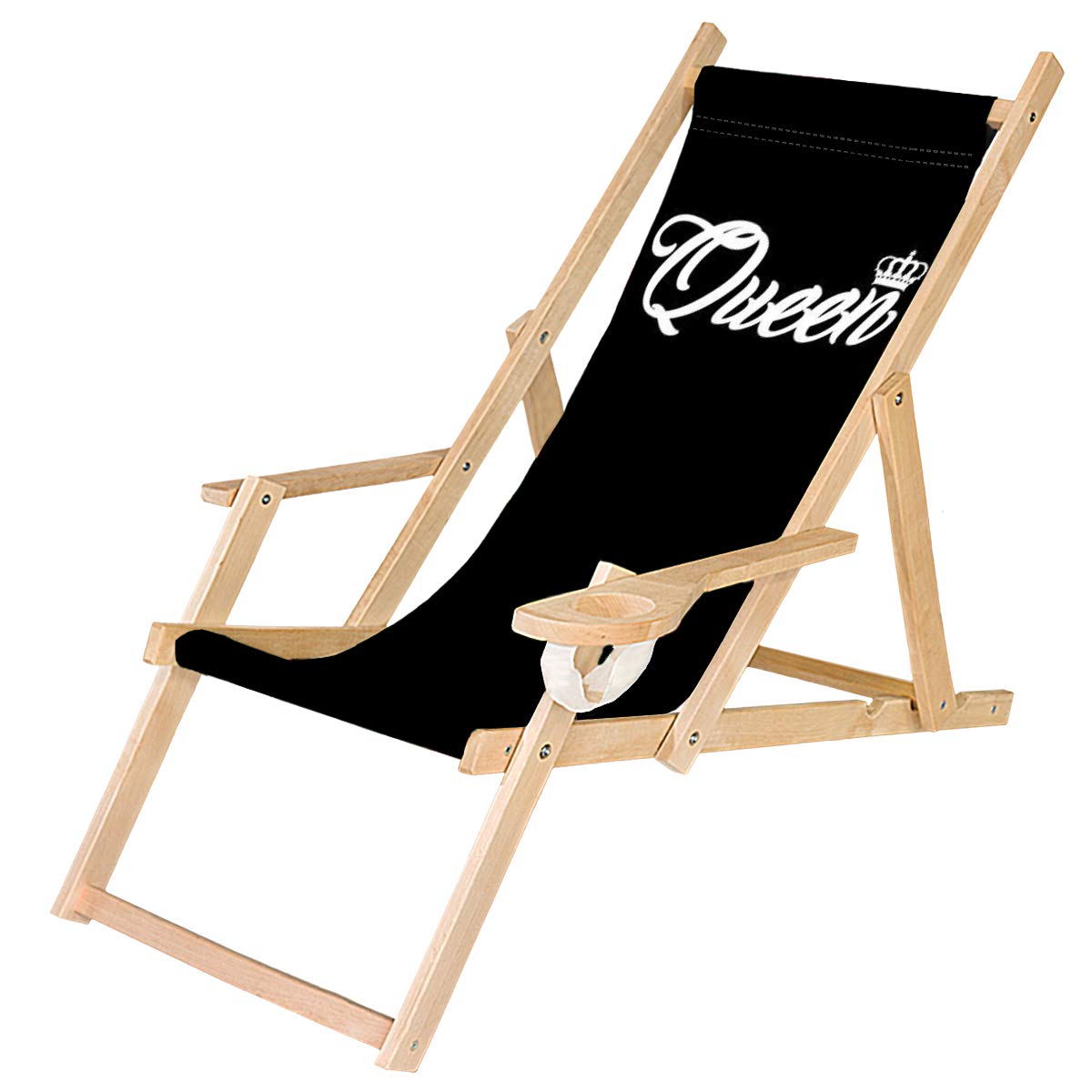 Ferocity Deck Chair Wooden Folding Lounger Chair with Armrest and Drink Holder Black Garden Beach Chair Design Queen [119]
