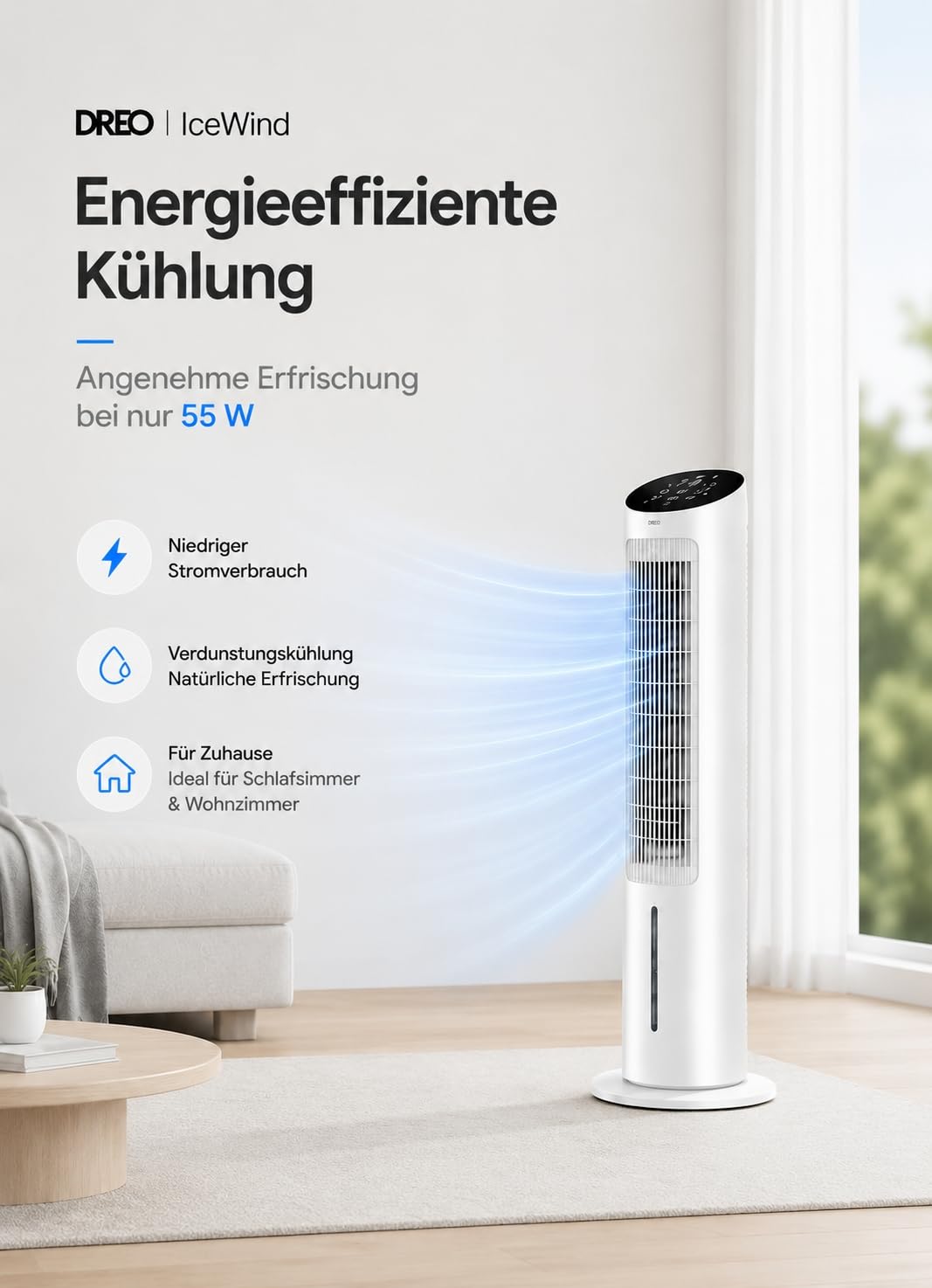 DREO Turmventilator mit Kühlung leise, Ventilator mit Wasserkühlung, 102 cm Luftkühler, Verdunstungskühler mit 80° Schwenkfunktion, 3 Modi, 4 Geschwindigkeiten, Fernbedienung, Weiß