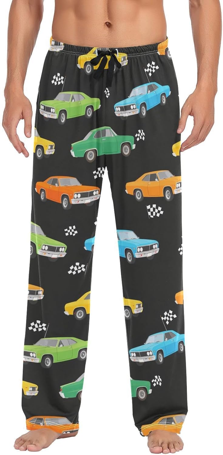 Pigsaly Retro Race Cars Pajama Pants Machinery Trucks Lounge Sleepwear PJs Men's Pajama Bottoms Casual Lightweight Sleep Pants S
