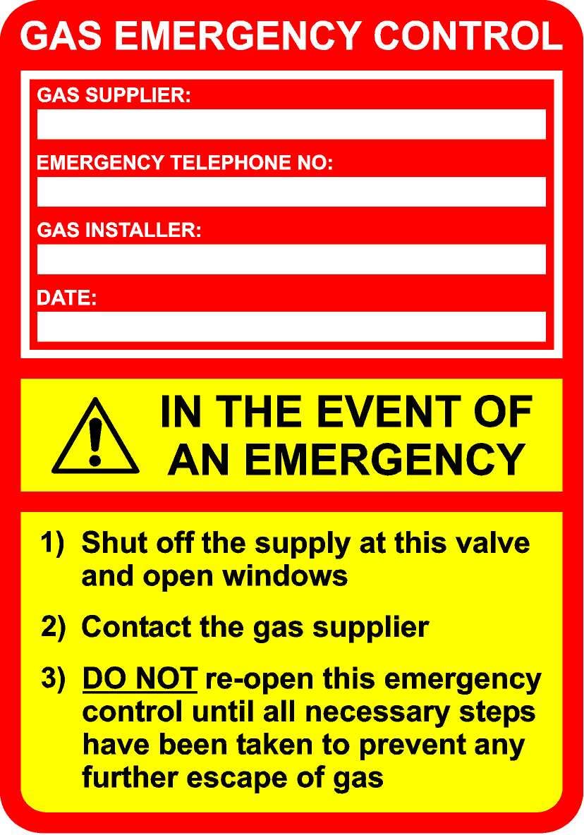Gas emergency control gas suppliers, in the event of an emergency contact details label - Self adhesive sticker 100mm x 70mm (288)