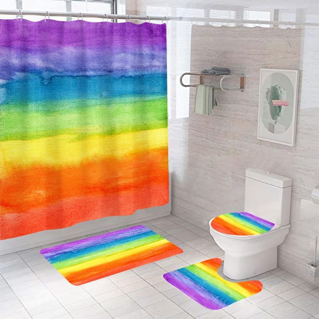 Bathroom Mat, Colorful Shower Curtain Set - 4Pcs, Bath Curtain, Toilet Lid Cover