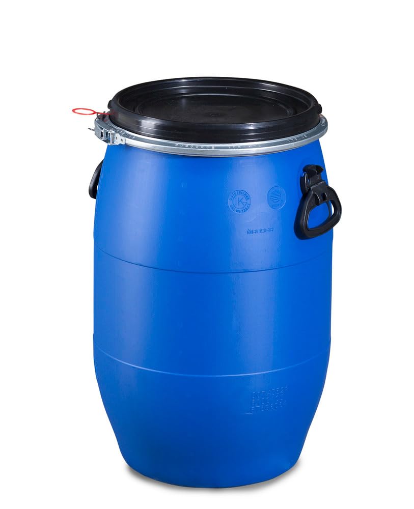Fût Plastique 60L avec Couvercle & Anneau de Serrage – Certifié UN pour Marchandises Dangereuses – Polyéthylène Résistant – Ø 400 x H 625 mm – Sans Aération – Qualité Alimentaire