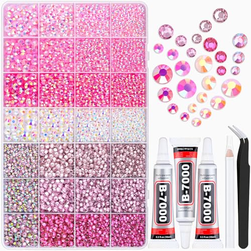 20000Pcs Pink Rhinestones for Bedazzling with B7000 Jewelry Glue Resin Rhinestones for Crafting Crafts DIY Bedazzler Kit Gems for Clothing Shoes Tumblers Fabric Nail Art Assorted Size 3/4/5/6mm