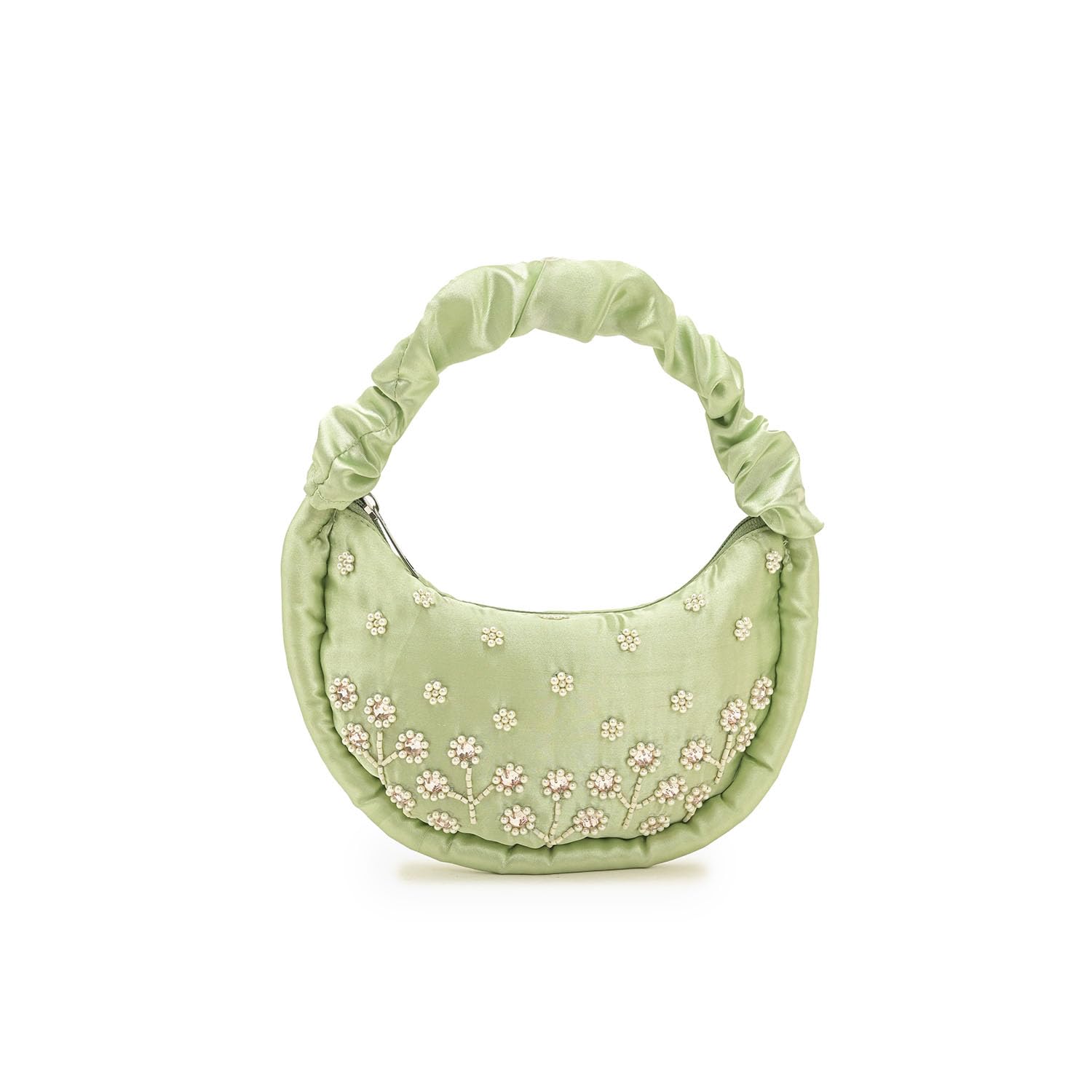 Gulzaar Noor Handbag Crescent Silhouette Sage Green Satin Women Bag Hand-Embroidered Pearls Beads Ruched Satin Handle Festive Wedding Party Evening Shoulder Bag Ladies Bag-image-47