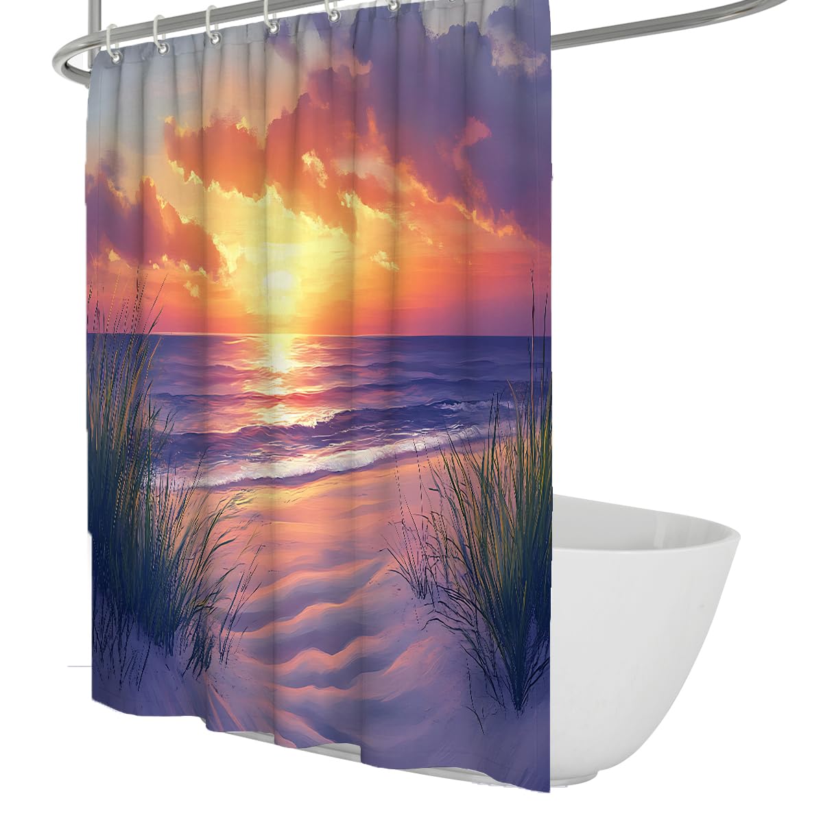 Rideau de douche plage coucher soleil vagues romantique W180xL200 cm
