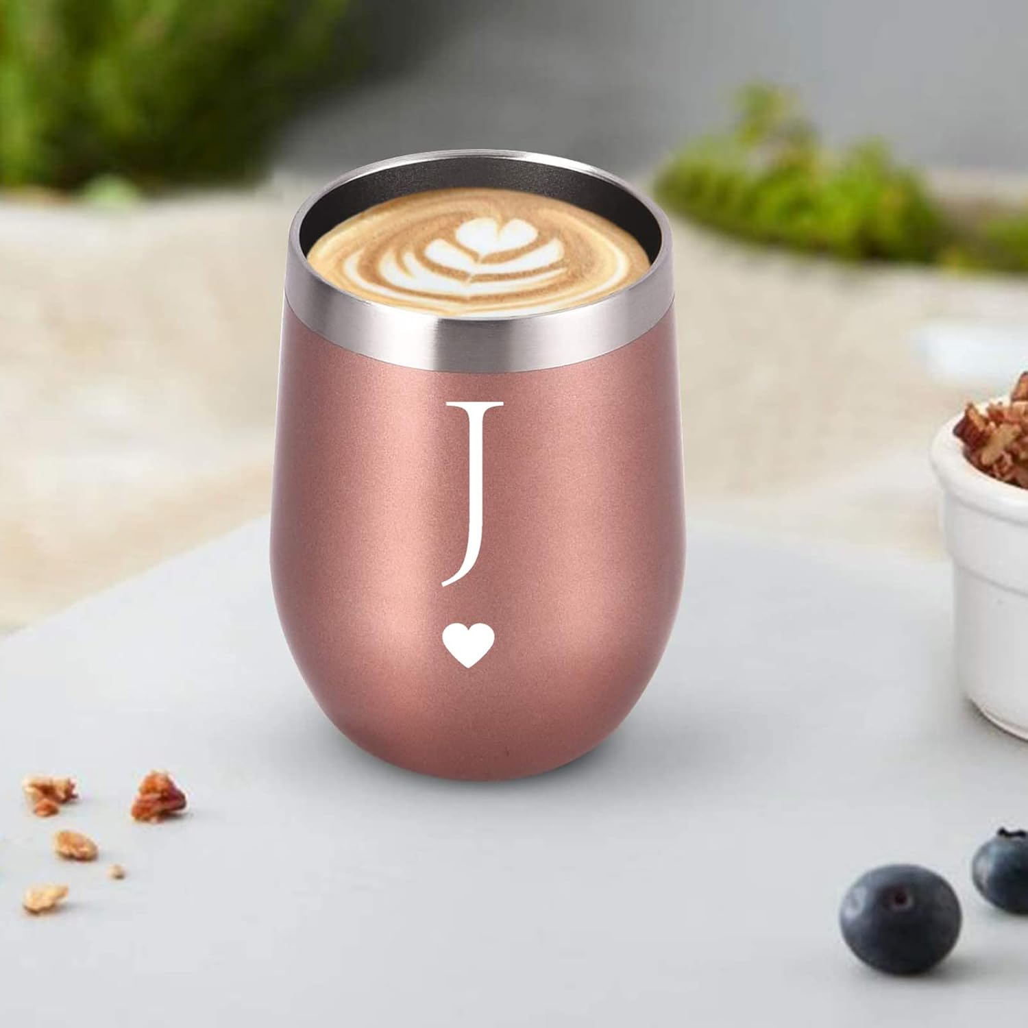 Personalized Initial Gifts 12 Ounces Stainless Steel Wine Tumbler with Straw Brush Rose Gold Insulted Mug Wedding Bridesmaid Birthday Graduation Gift for Men Women Monogrammed Gift (J) - Image 6