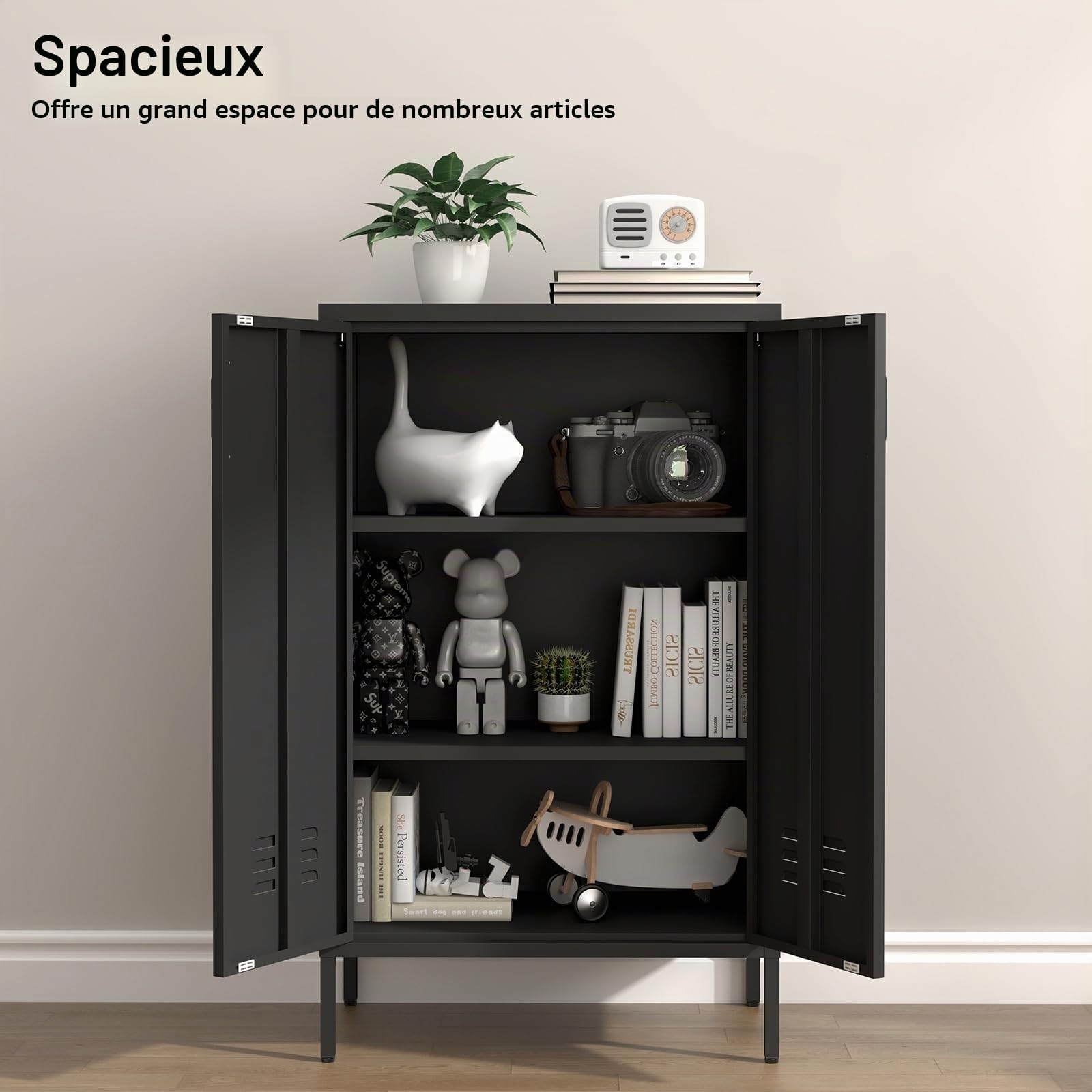 Sweiko Armoire de Rangement en Acier équipée de Deux Portes et de Deux étagères réglables, Meuble d'appoint Polyvalent, idéal pour Le Salon, la Cuisine ou la Chambre à Coucher (Black)