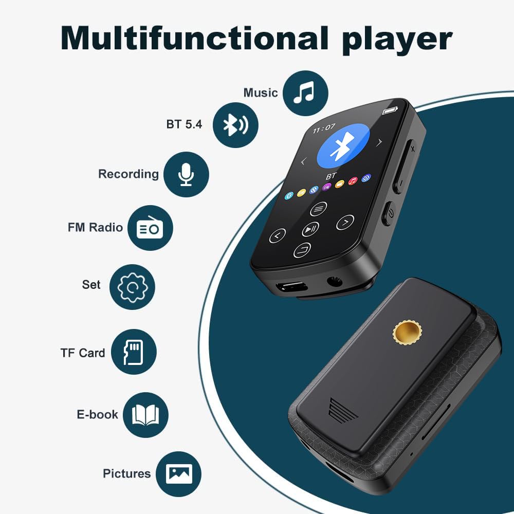 Lettore musicale portatile HiFi – Lettore MP3 con clip, touch screen, funzione OTG, scheda di memoria 64G inclusa (estensione 128G) – Alta fedeltà per audiofili