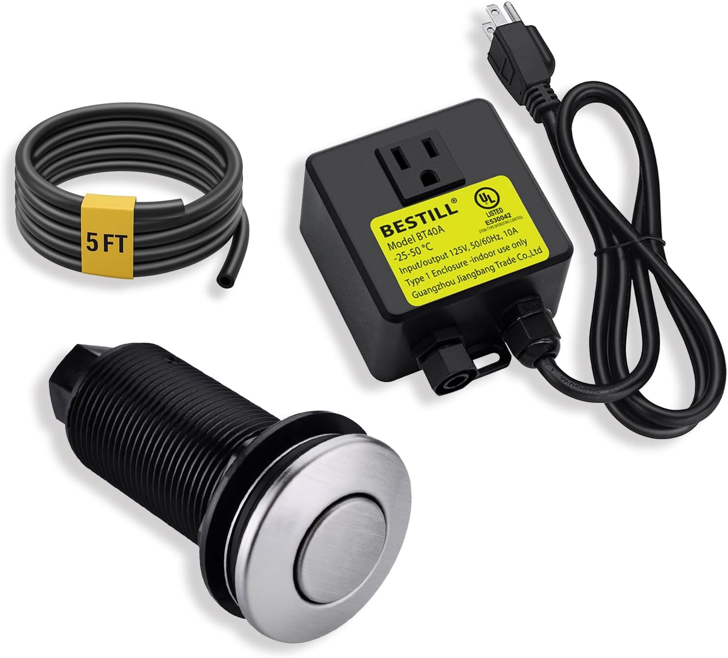 BESTILL Sinktop Air Switch Kit for Garbage Disposal, Stainless Steel Brushed Nickel 3.6" Long Push Button for Waste Disposer, UL Listed